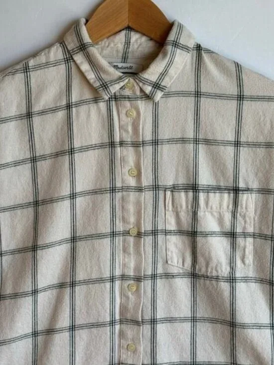 Madewell Plaid Button Down Shirt Window Pane Plaid Long Sleeve Medium Cream - Picture 4 of 14